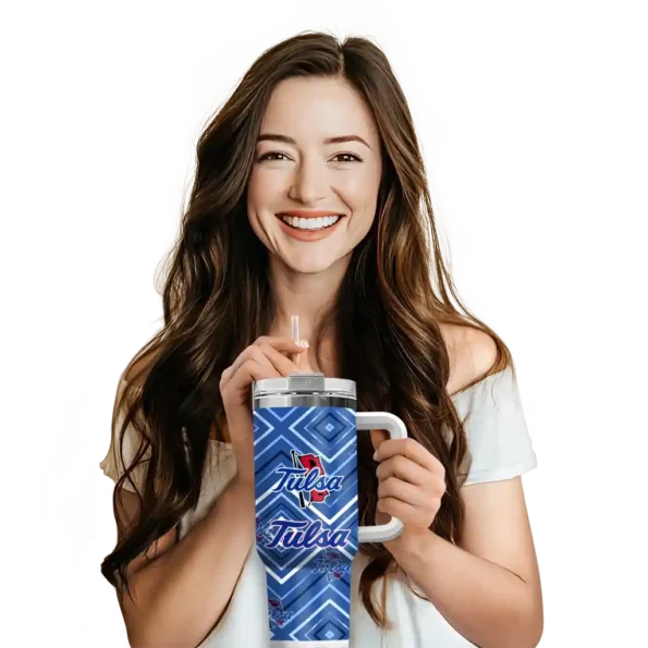 customized tulsa golden hurricane bold diamonds blue curved tumbler premium grade.webp