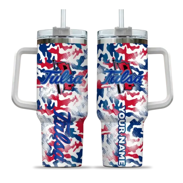 customized tulsa golden hurricane camo mashup blue white curved tumbler best selling.webp