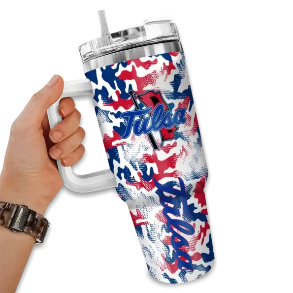 customized tulsa golden hurricane camo mashup blue white curved tumbler fashion forward.webp