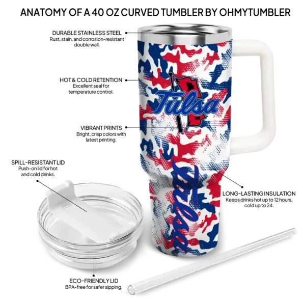 customized tulsa golden hurricane camo mashup blue white curved tumbler new arrival.webp