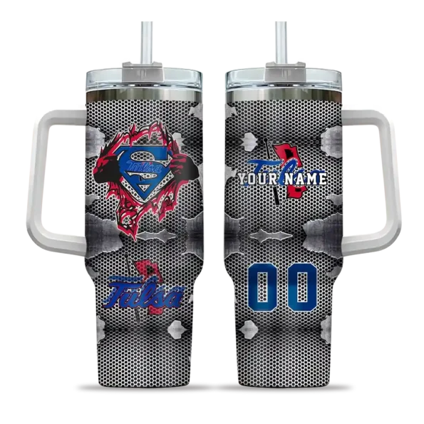 customized tulsa golden hurricane superman shield blue gray curved tumbler best selling.webp