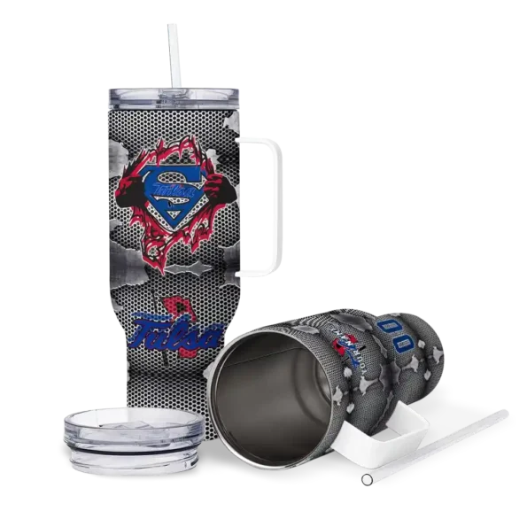 customized tulsa golden hurricane superman shield blue gray curved tumbler high quality.webp