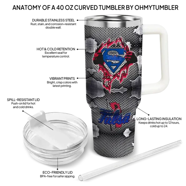 customized tulsa golden hurricane superman shield blue gray curved tumbler new arrival.webp