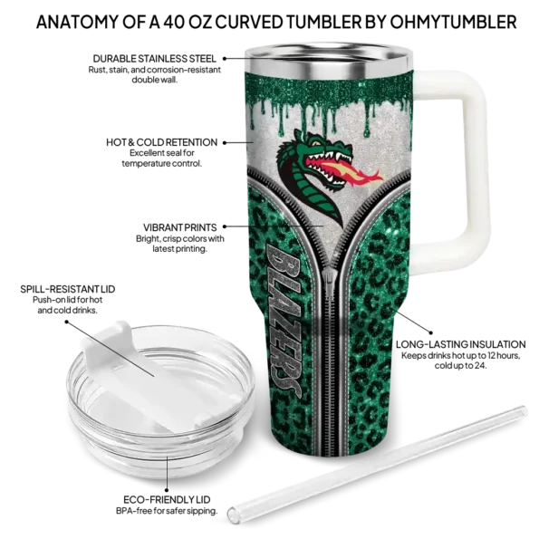 customized uab blazers leopard zipper green curved tumbler new arrival.webp