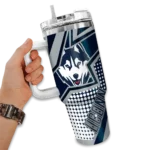 customized uconn huskies arrow burst blue curved tumbler best selling.webp