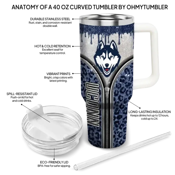 customized uconn huskies leopard zipper blue curved tumbler new arrival.webp