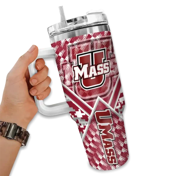 customized umass minutemen chevron angle red curved tumbler fashion forward.webp