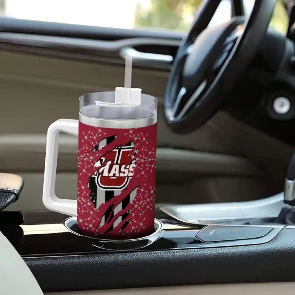 customized umass minutemen claw cut red black curved tumbler trendy.webp