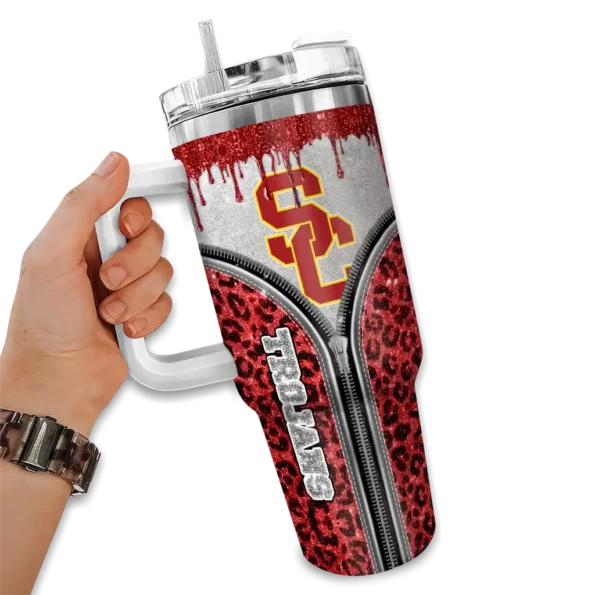 customized usc trojans leopard zipper red curved tumbler fashion forward.webp