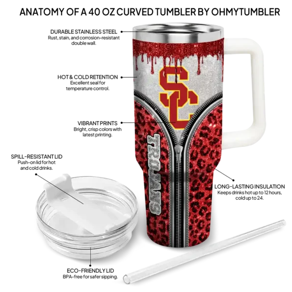 customized usc trojans leopard zipper red curved tumbler new arrival.webp