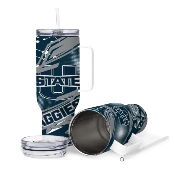customized utah state aggies abstract paths navy curved tumbler high quality.webp