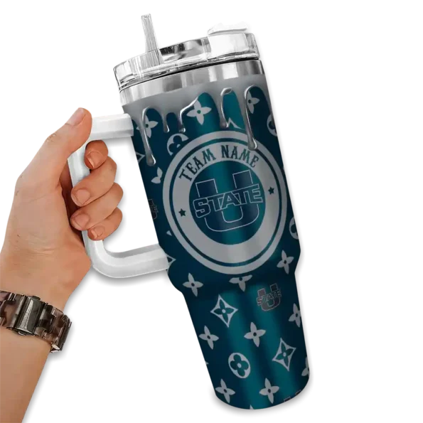 customized utah state aggies bullseye drips navy curved tumbler fashion forward.webp