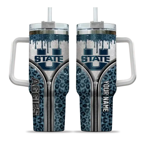 customized utah state aggies leopard zipper navy curved tumbler best selling.webp
