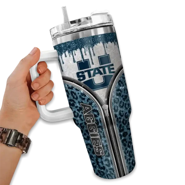 customized utah state aggies leopard zipper navy curved tumbler fashion forward.webp