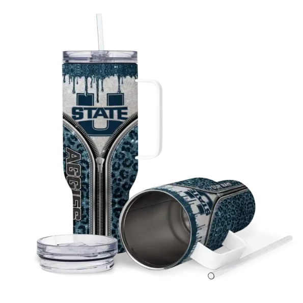 customized utah state aggies leopard zipper navy curved tumbler high quality.webp