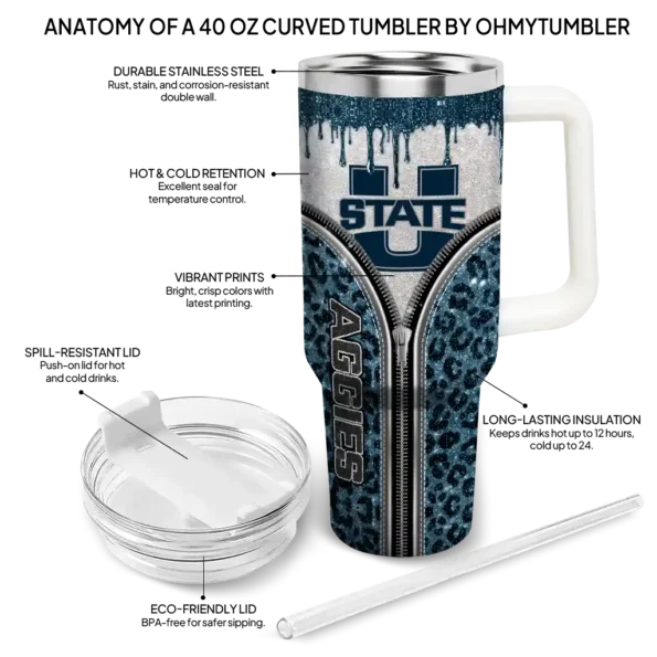customized utah state aggies leopard zipper navy curved tumbler new arrival.webp