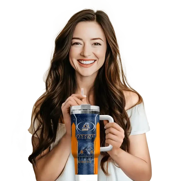 customized utep miners hexagon armor blue curved tumbler premium grade.webp