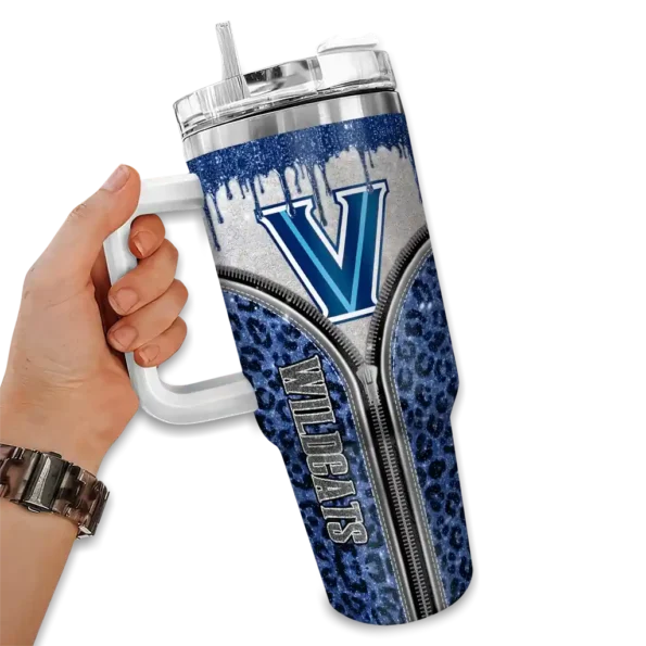 customized villanova wildcats leopard zipper navy curved tumbler fashion forward.webp