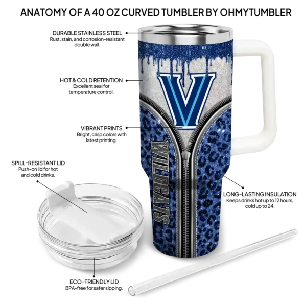 customized villanova wildcats leopard zipper navy curved tumbler new arrival.webp