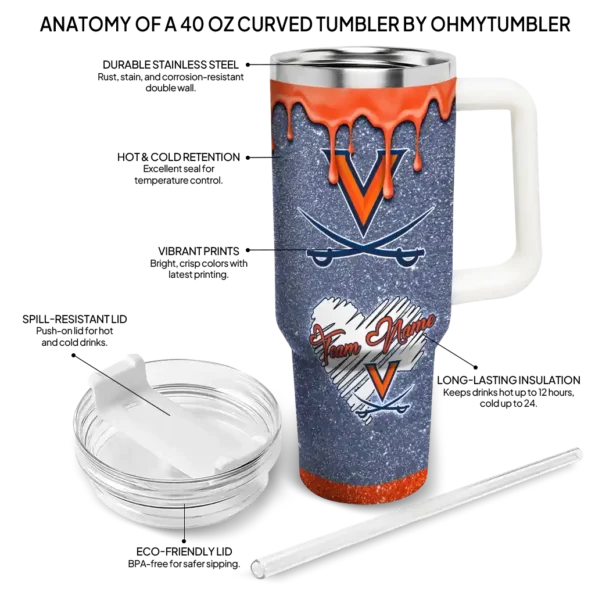 customized virginia cavaliers heart helmet motif blue curved tumbler new arrival.webp