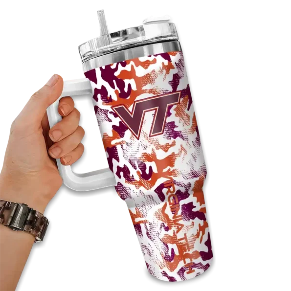 customized virginia tech hokies camo mashup maroon white curved tumbler fashion forward.webp