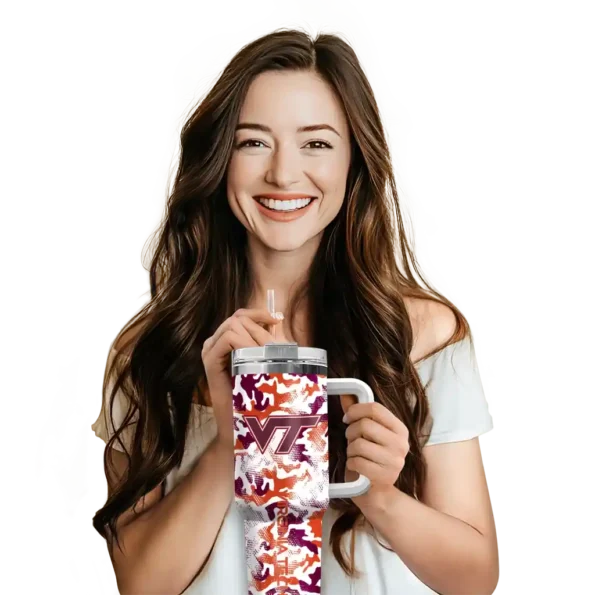 customized virginia tech hokies camo mashup maroon white curved tumbler premium grade.webp