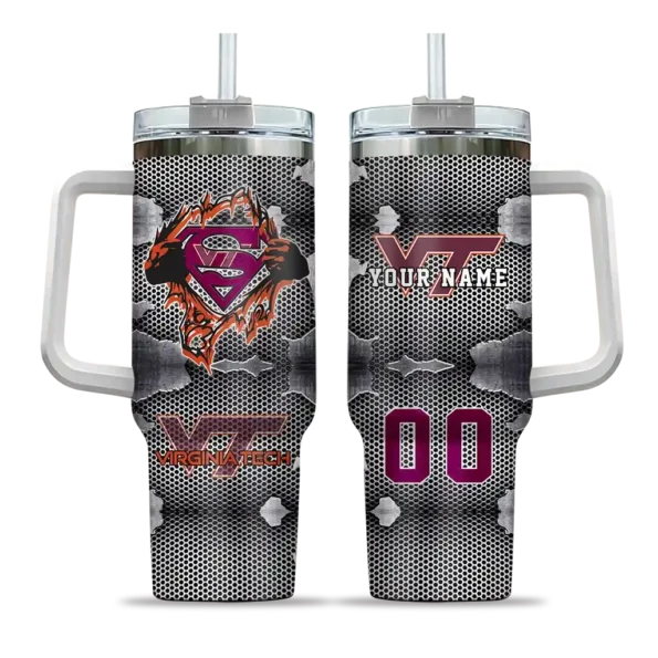 customized virginia tech hokies superman shield maroon gray curved tumbler best selling.webp