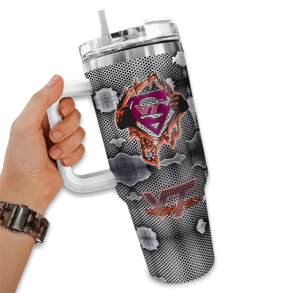 customized virginia tech hokies superman shield maroon gray curved tumbler fashion forward.webp