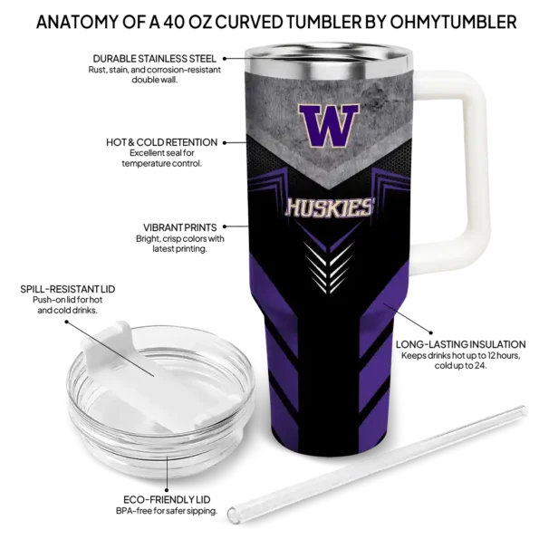 customized washington huskies arrow armor purple black curved tumbler new arrival.webp