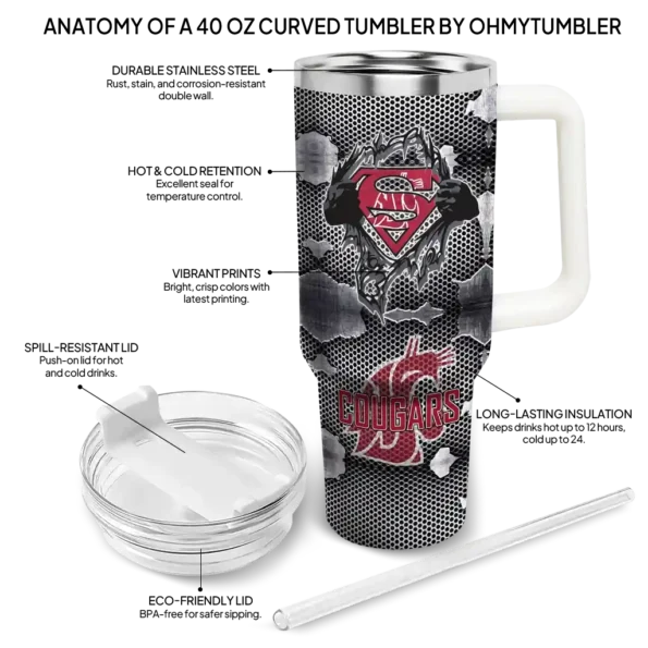 customized washington state cougars superman shield crimson gray curved tumbler new arrival.webp