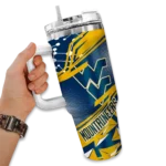 customized west virginia mountaineers abstract paths blue curved tumbler best selling.webp