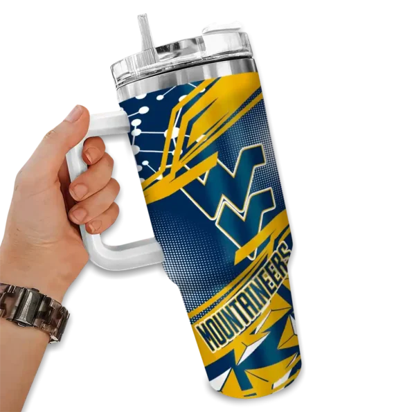 customized west virginia mountaineers abstract paths blue curved tumbler fashion forward.webp