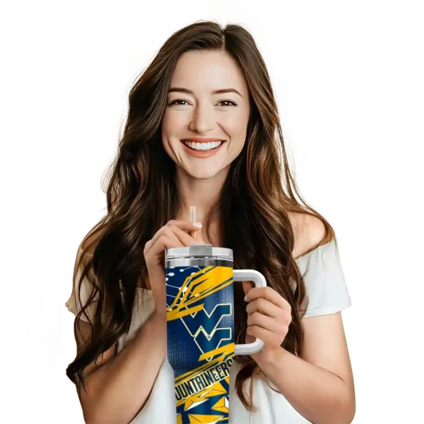 customized west virginia mountaineers abstract paths blue curved tumbler premium grade.webp