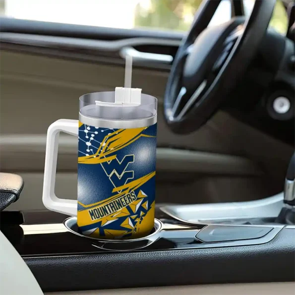 customized west virginia mountaineers abstract paths blue curved tumbler trendy.webp