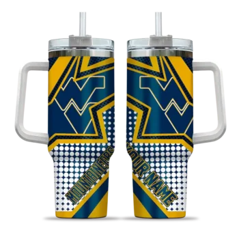 customized west virginia mountaineers arrow burst blue curved tumbler best selling.webp