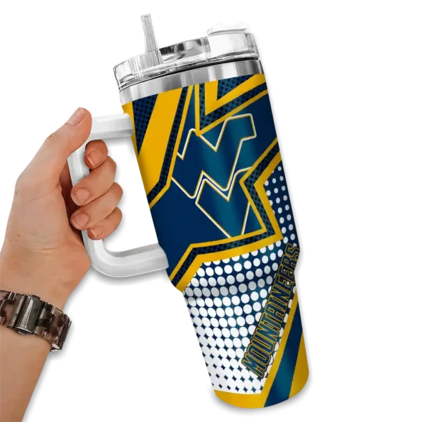 customized west virginia mountaineers arrow burst blue curved tumbler fashion forward.webp