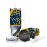 customized west virginia mountaineers arrow burst blue curved tumbler best selling.webp