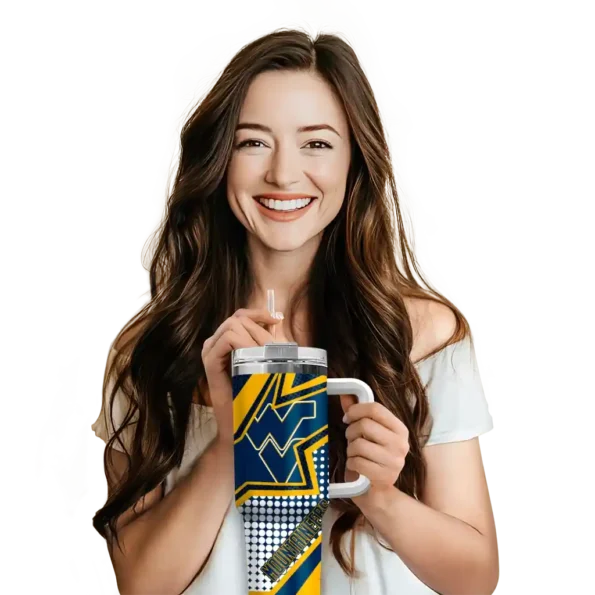 customized west virginia mountaineers arrow burst blue curved tumbler premium grade.webp