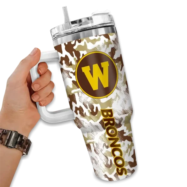 customized western michigan broncos camo mashup brown white curved tumbler fashion forward.webp