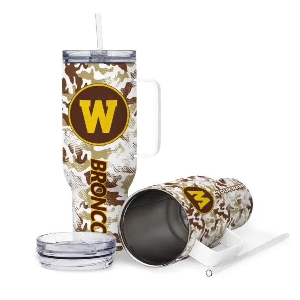 customized western michigan broncos camo mashup brown white curved tumbler high quality.webp