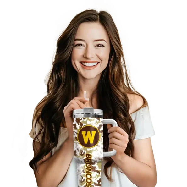 customized western michigan broncos camo mashup brown white curved tumbler premium grade.webp
