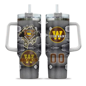 customized western michigan broncos superman shield brown gray curved tumbler best selling.webp