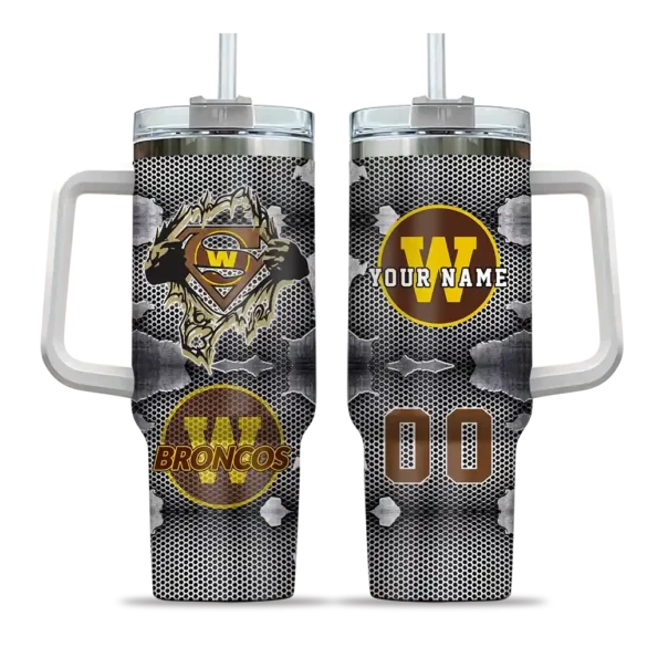 customized western michigan broncos superman shield brown gray curved tumbler best selling.webp