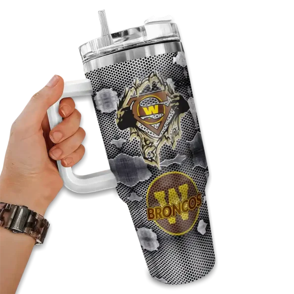 customized western michigan broncos superman shield brown gray curved tumbler fashion forward.webp