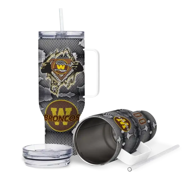 customized western michigan broncos superman shield brown gray curved tumbler high quality.webp