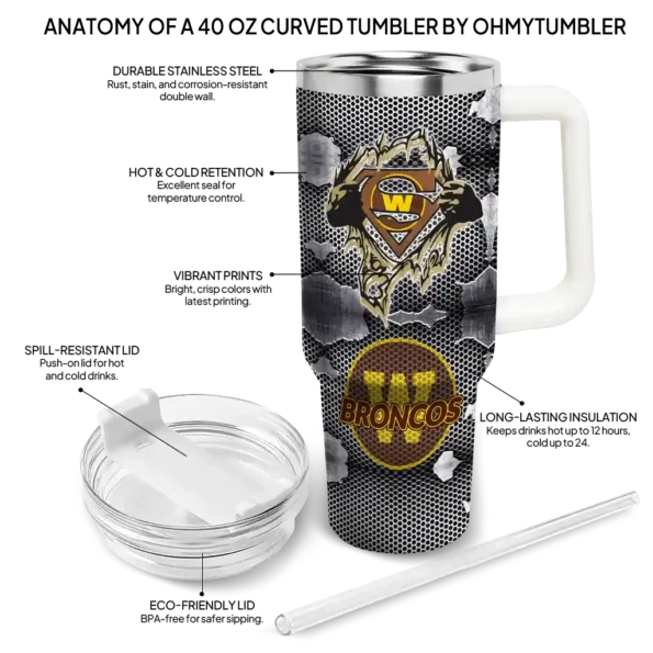 customized western michigan broncos superman shield brown gray curved tumbler new arrival.webp