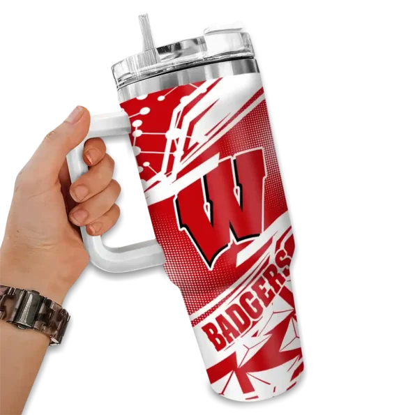 customized wisconsin badgers abstract paths red curved tumbler fashion forward.webp