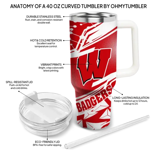 customized wisconsin badgers abstract paths red curved tumbler new arrival.webp