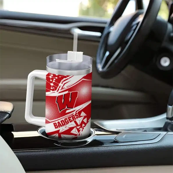 customized wisconsin badgers abstract paths red curved tumbler trendy.webp