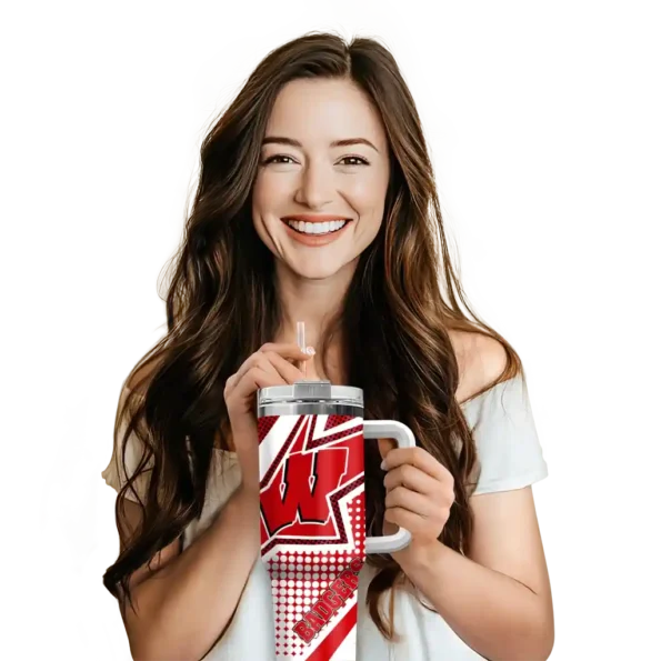customized wisconsin badgers arrow burst red curved tumbler premium grade.webp